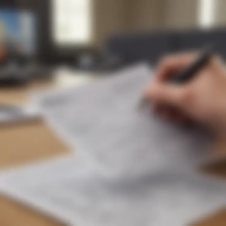 A person reviewing filled-out tax forms on a desk