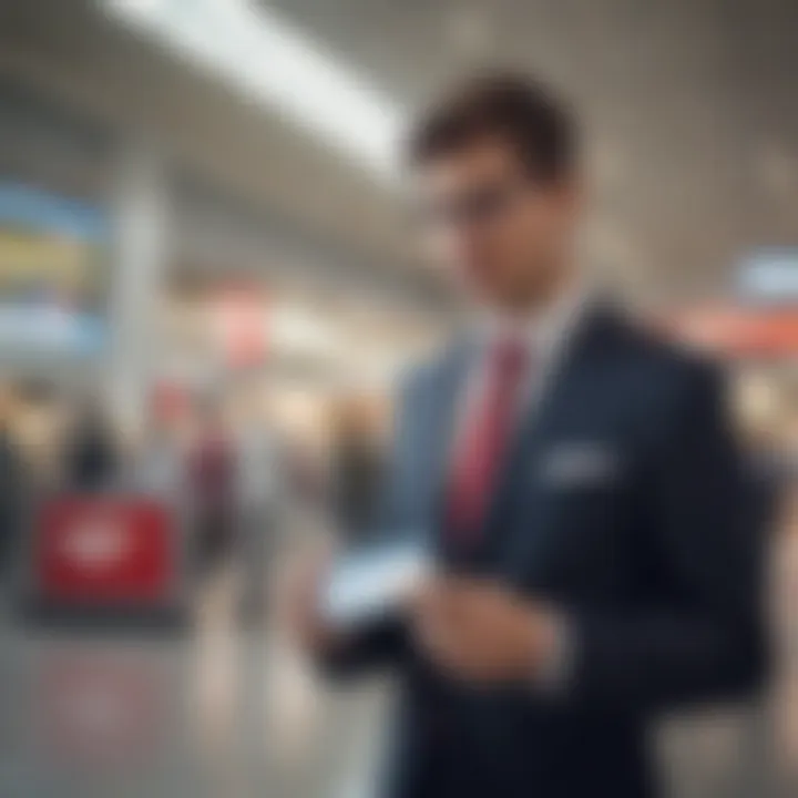 Illustration of a business traveler utilizing the Capital One Business Travel Card at an airport.