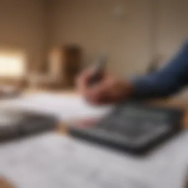 A person reviewing documents with a calculator