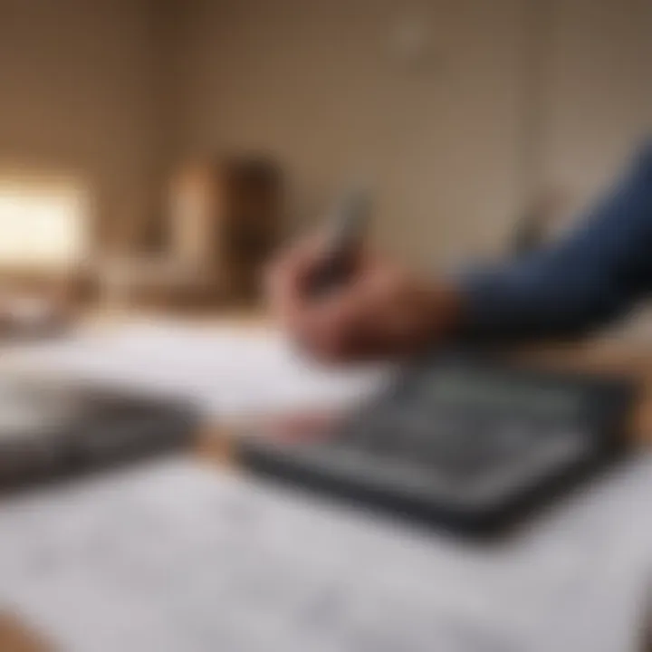 A person reviewing documents with a calculator