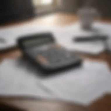 A calculator and financial documents spread out on a desk