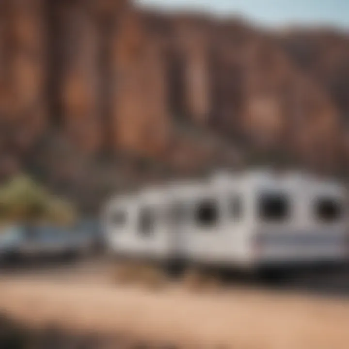 An array of RVs parked in a scenic location