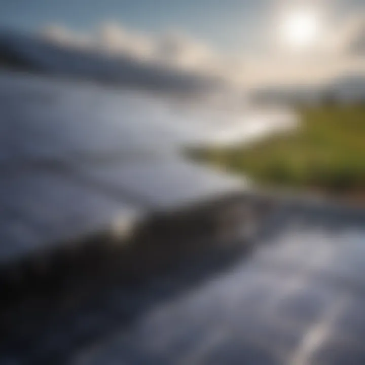 Close-up of solar panels reflecting sunlight