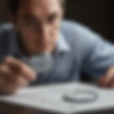 A professional examining financial documents with a magnifying glass