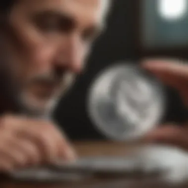 Close-up of a collector inspecting a silver dollar